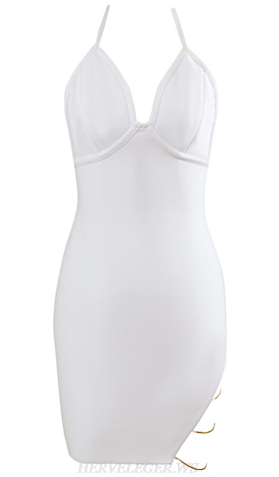 Herve Leger White Halter Chain Slit Dress