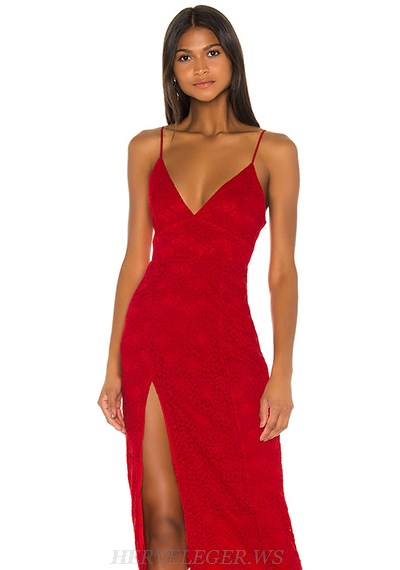 Herve Leger Red Lace Slit Dress
