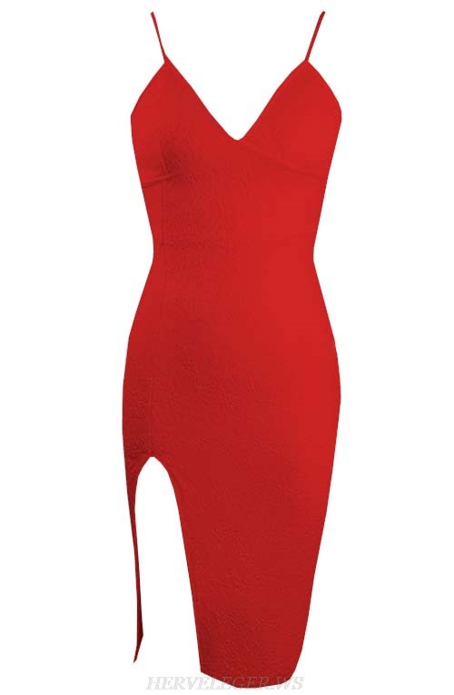 Herve Leger Red Lace Slit Dress