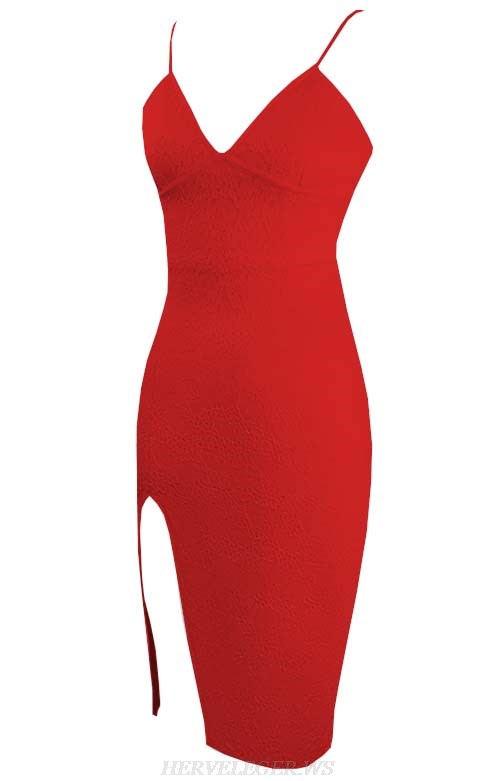 Herve Leger Red Lace Slit Dress