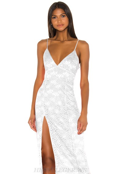 Herve Leger White Lace Slit Dress