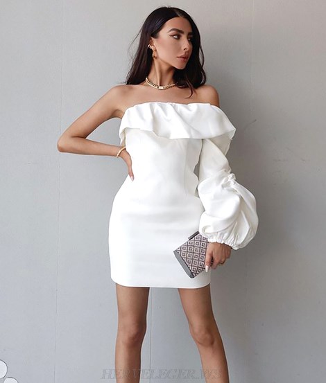 Herve Leger White Long Puff Sleeve Bardot Dress