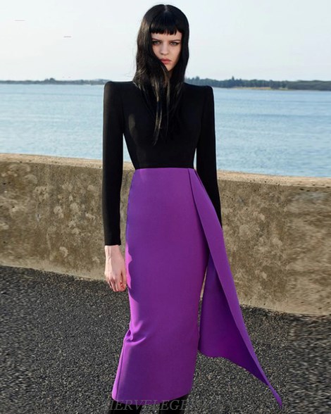 Herve Leger Black Purple Long Sleeve Asymmetric Dress