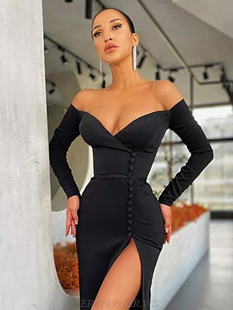Herve Leger Black Long Sleeve Bardot Button Detail Dress