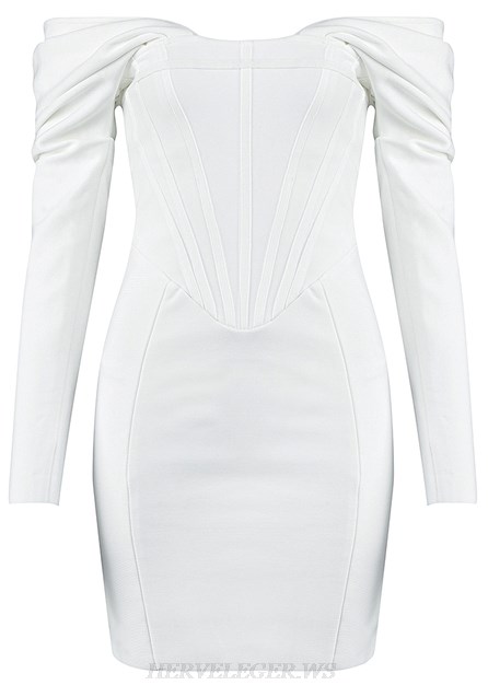 Herve Leger White Long Sleeve Bardot Corset Dress