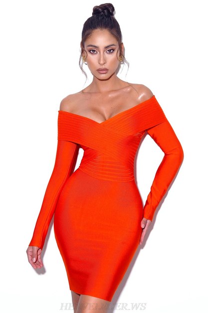 Herve Leger Orange Long Sleeve Bardot Dress
