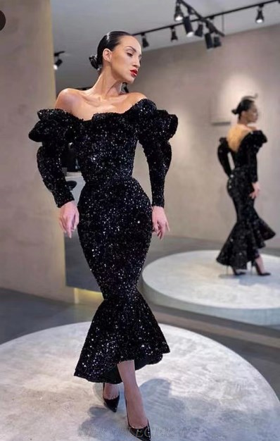 Herve Leger Black Long Sleeve Bardot High Low Sequin Dress