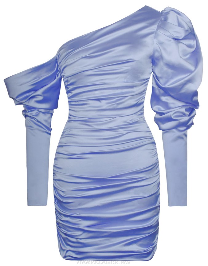 Herve Leger Blue Long Sleeve Bardot Ruched Satin Dress