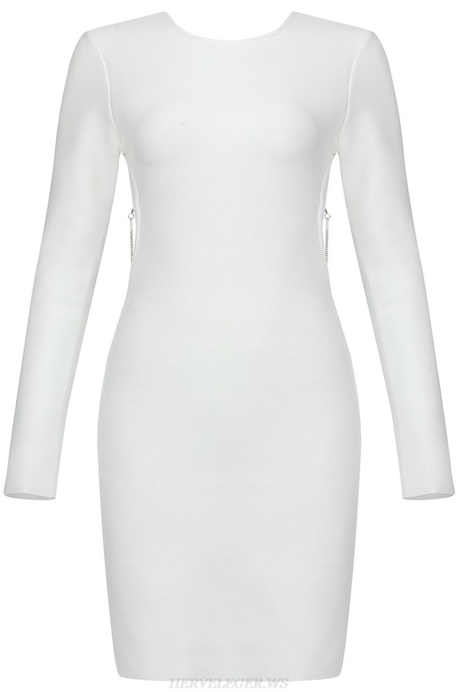 Herve Leger White Long Sleeve Chain Backless Dress