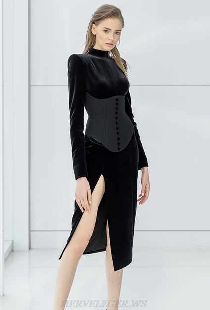 Herve Leger Black Long Sleeve Corset Detail Velvet Dress