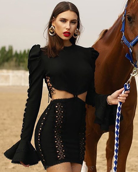 Herve Leger Black Long Sleeve Crochet Insert Dress