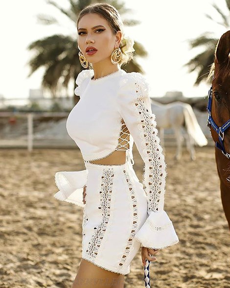 Herve Leger White Long Sleeve Crochet Insert Dress