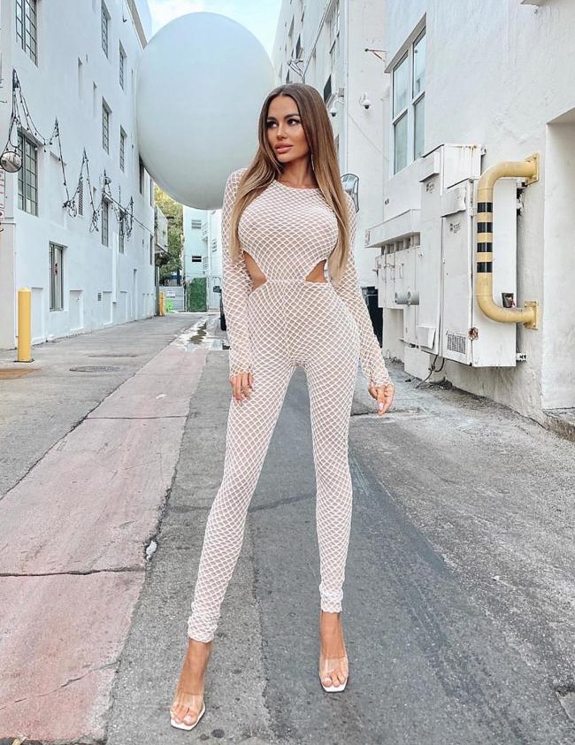 Herve Leger White Nude Long Sleeve Crochet Jumpsuit 