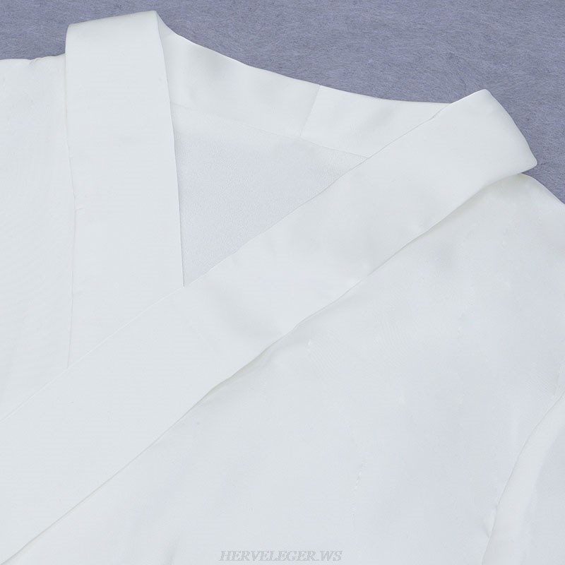 Herve Leger White Long Sleeve Cross Over Dress