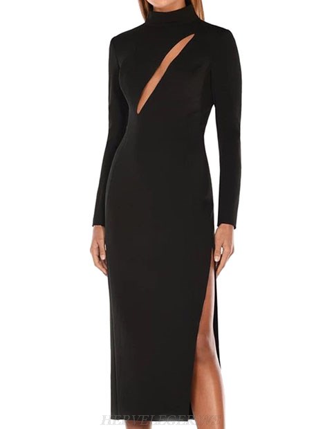 Herve Leger Black Long Sleeve Asymmetric Dress