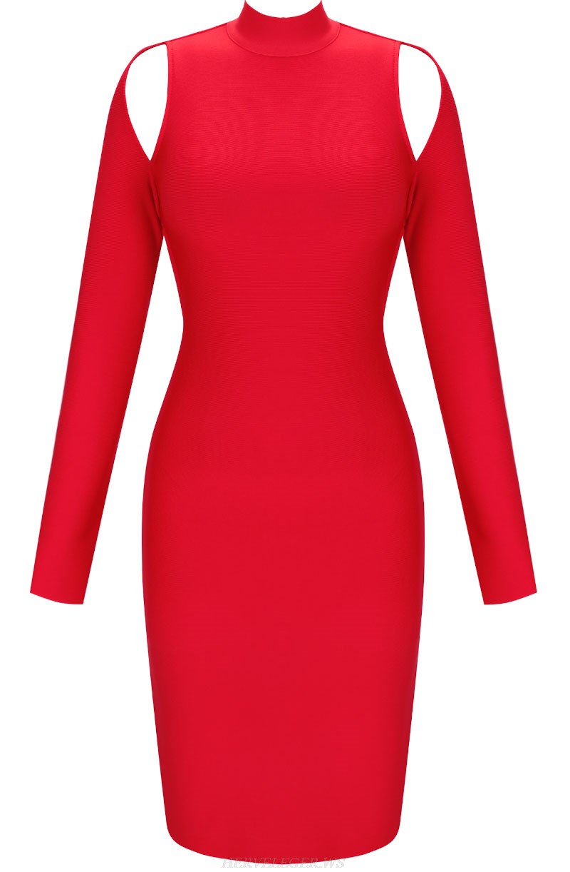Herve Leger Red Long Sleeve Backless Dress
