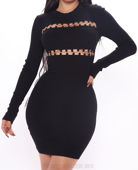 Herve Leger Black Long Sleeve Chain Dress