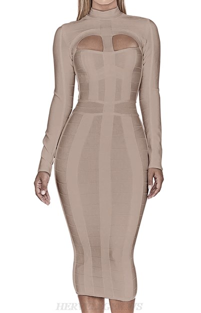 Herve Leger Nude Long Sleeve Detail Bandage Dress