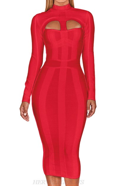 Herve Leger Red Long Sleeve Detail Bandage Dress Herve Leger Red Long Sleeve Detail Bandage Dress