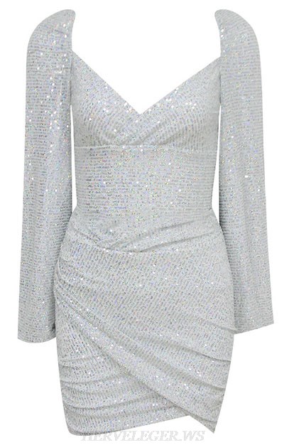 Herve Leger Silver Long Sleeve Draped Sequin Two Piece Dress