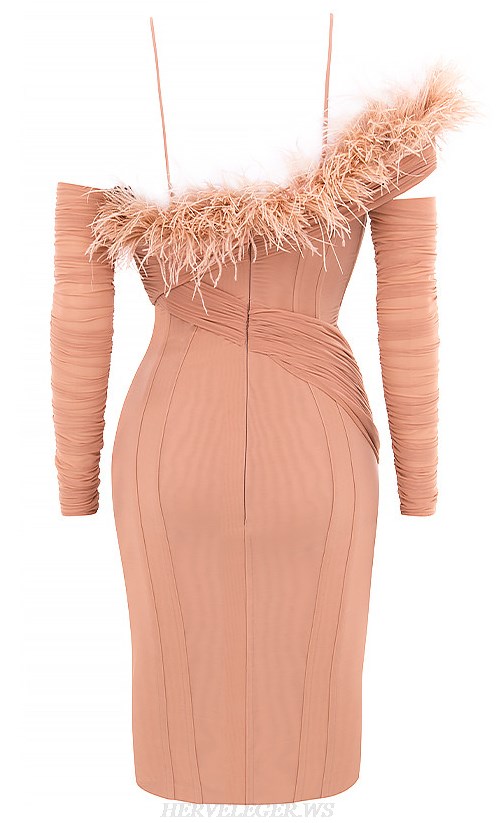 Herve Leger Peach Long Sleeve Feather Bardot Dress