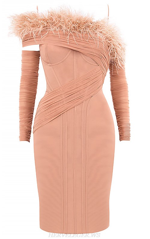 Herve Leger Peach Long Sleeve Feather Bardot Dress