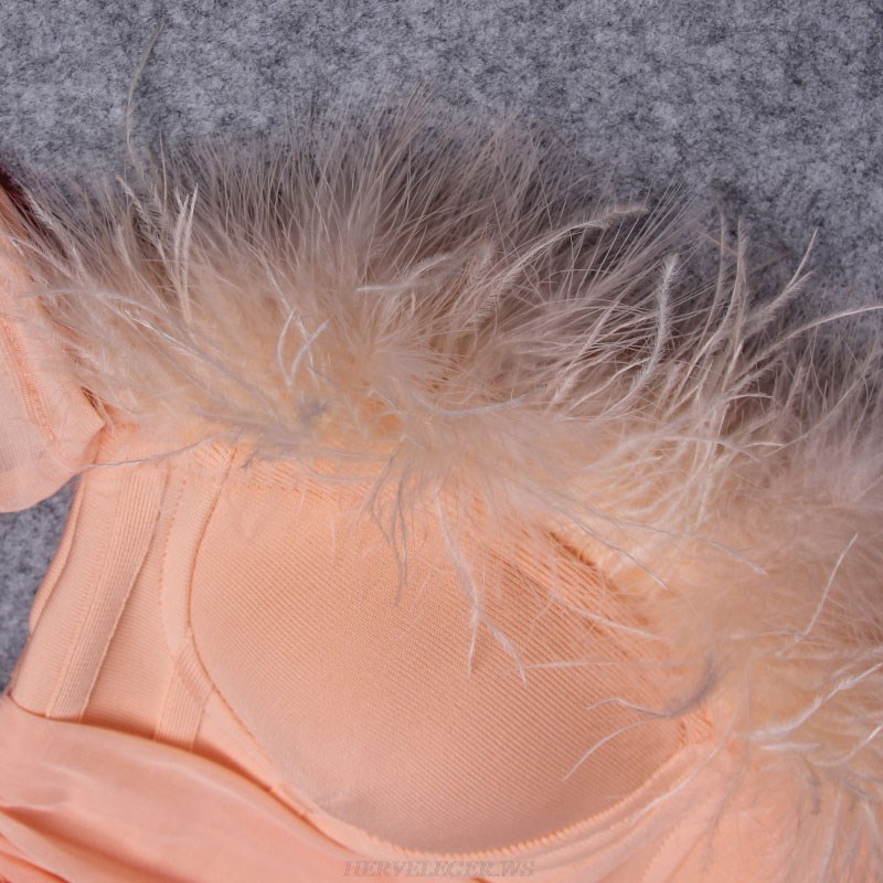Herve Leger Peach Long Sleeve Feather Bardot Dress