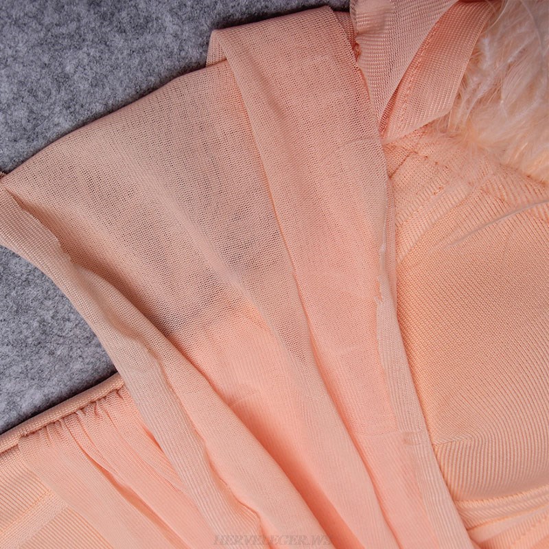 Herve Leger Peach Long Sleeve Feather Bardot Dress