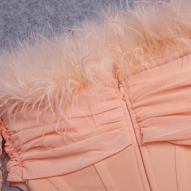 Herve Leger Peach Long Sleeve Feather Bardot Dress