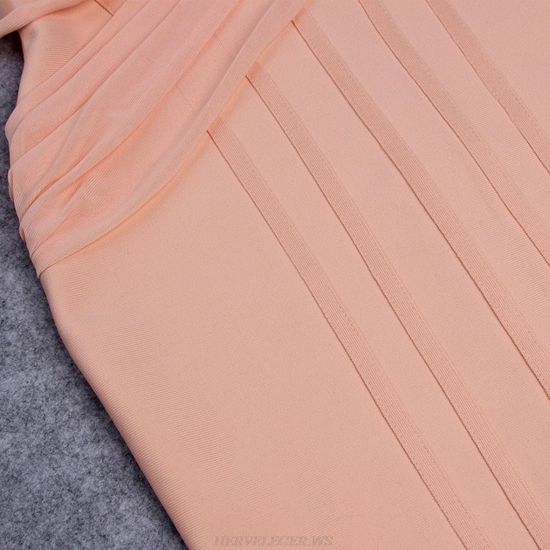 Herve Leger Peach Long Sleeve Feather Bardot Dress