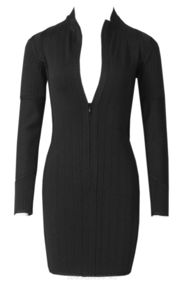 Herve Leger Black Long Sleeve Front Zipper Dress