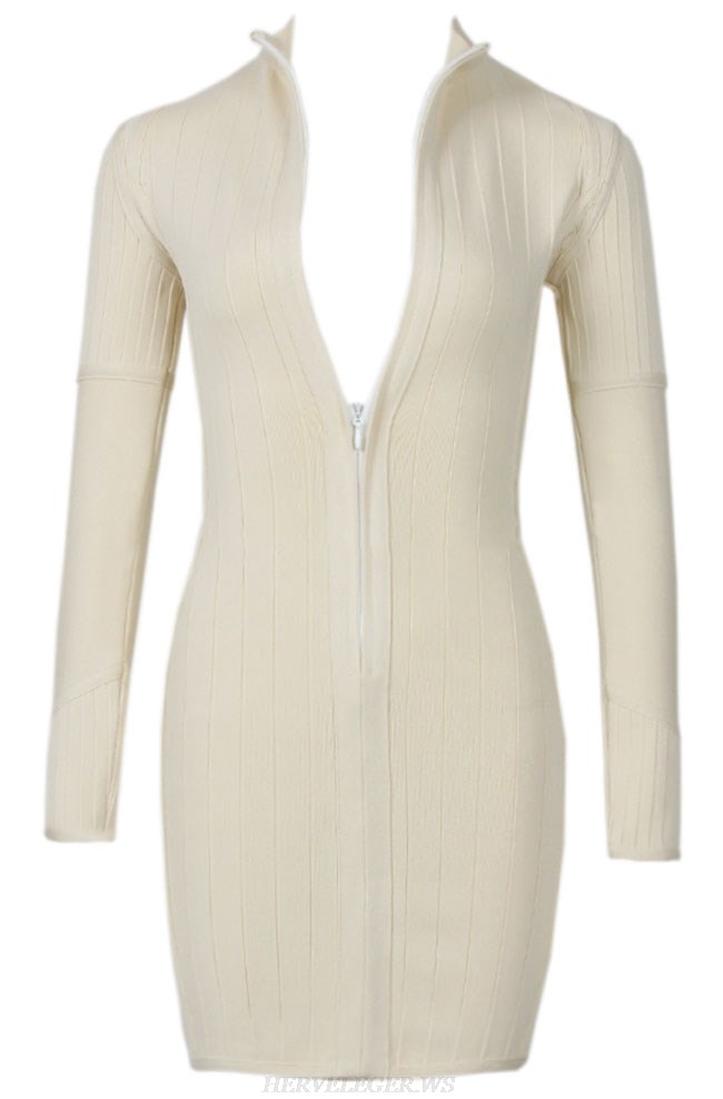Herve Leger Nude Long Sleeve Front Zipper Dress