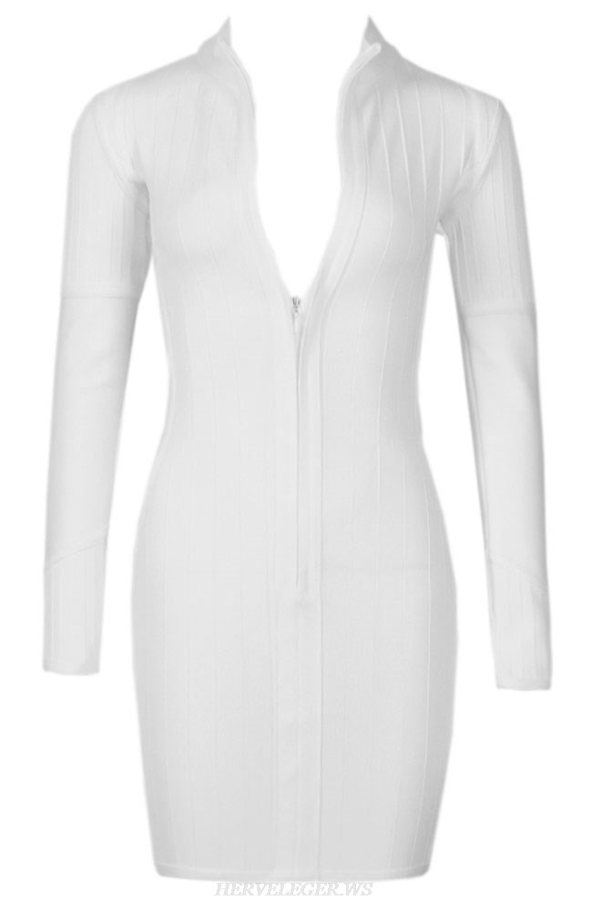 Herve Leger White Long Sleeve Front Zipper Dress Herve Leger White Long Sleeve Front Zipper Dress