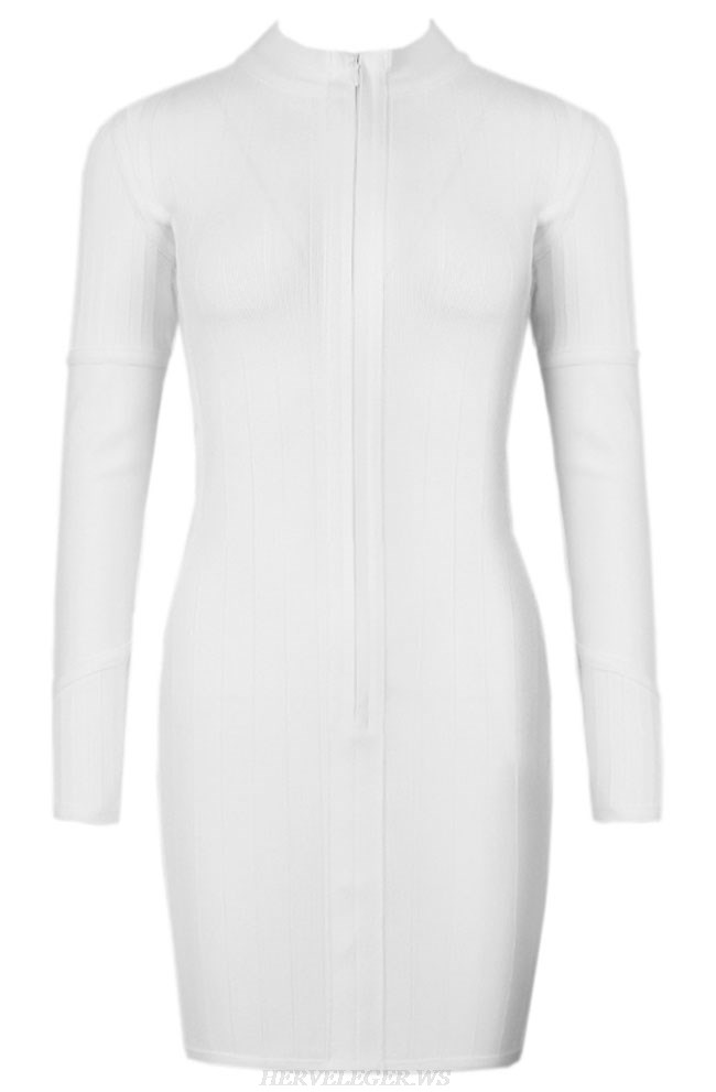 Herve Leger White Long Sleeve Front Zipper Dress