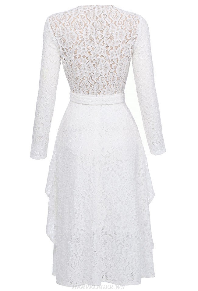 Herve Leger White Long Sleeve Lace A Line Dress