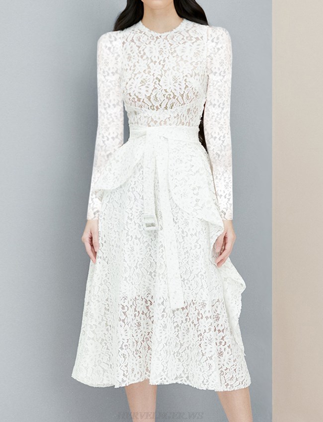 Herve Leger White Long Sleeve Lace A Line Dress