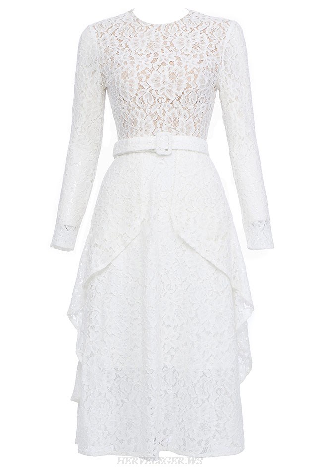 Herve Leger White Long Sleeve Lace A Line Dress