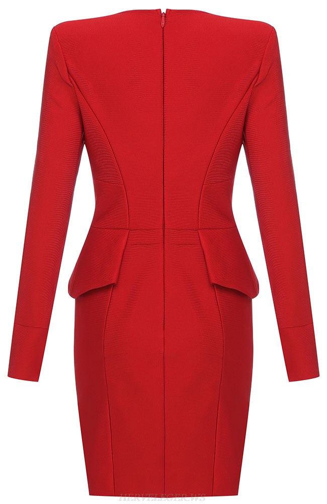 Herve Leger Red Long Sleeve Peplum Detail Dress