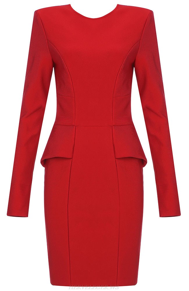 Herve Leger Red Long Sleeve Peplum Detail Dress