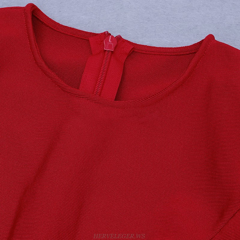 Herve Leger Red Long Sleeve Peplum Detail Dress