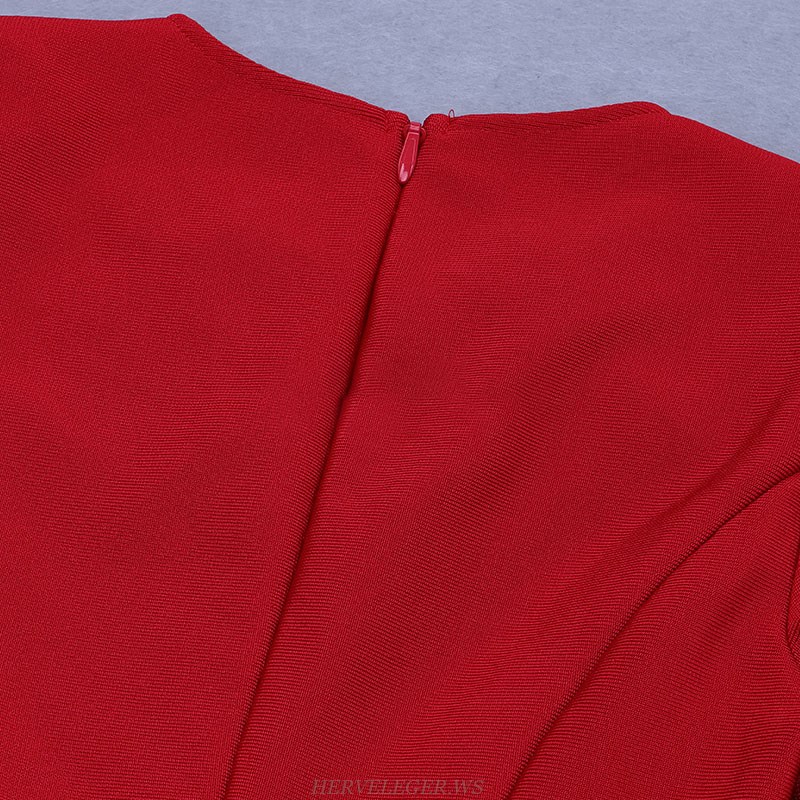 Herve Leger Red Long Sleeve Peplum Detail Dress