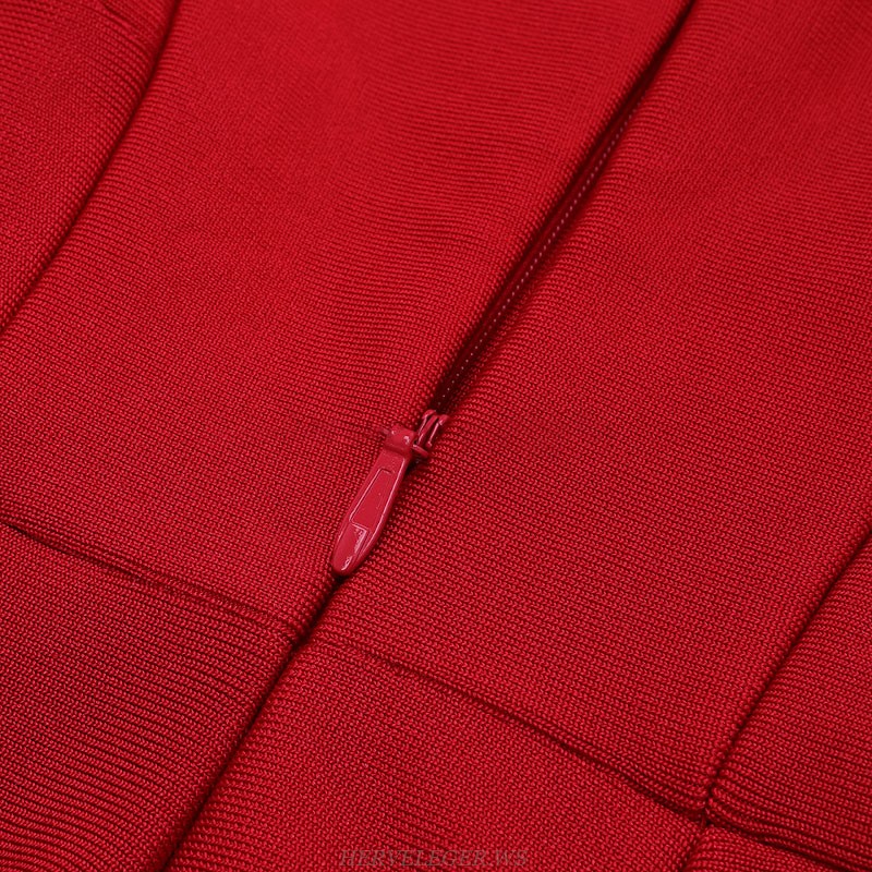 Herve Leger Red Long Sleeve Peplum Detail Dress