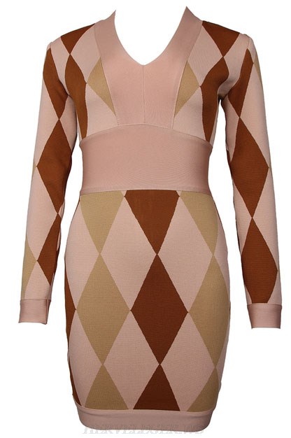 Herve Leger Brown Long Sleeve Rhombus Print Dress Herve Leger Brown Long Sleeve Rhombus Print Dress