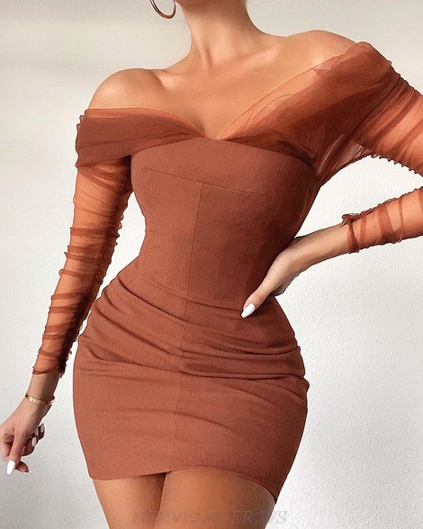 Herve Leger Brown Long Sleeve Ruched Mesh Dress