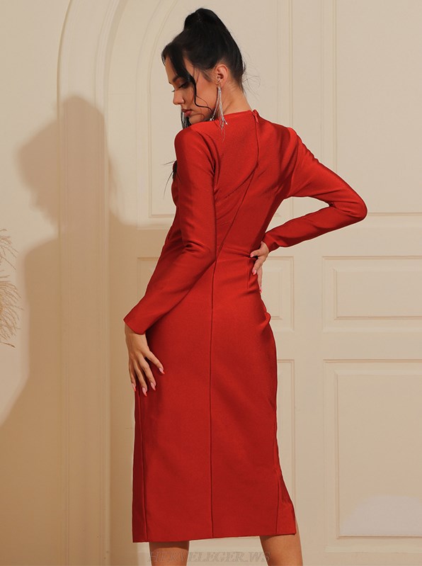 Herve Leger Red Long Sleeve Ruched Dress