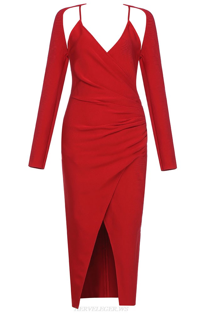 Herve Leger Red Long Sleeve Ruched Dress