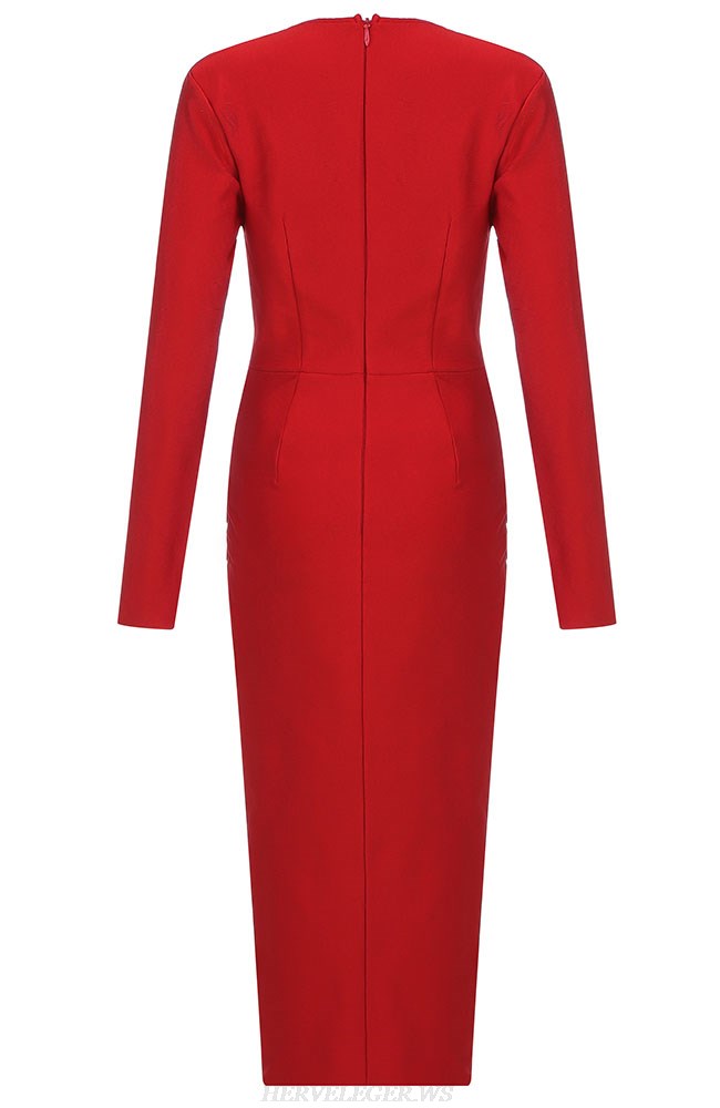 Herve Leger Red Long Sleeve Ruched Dress