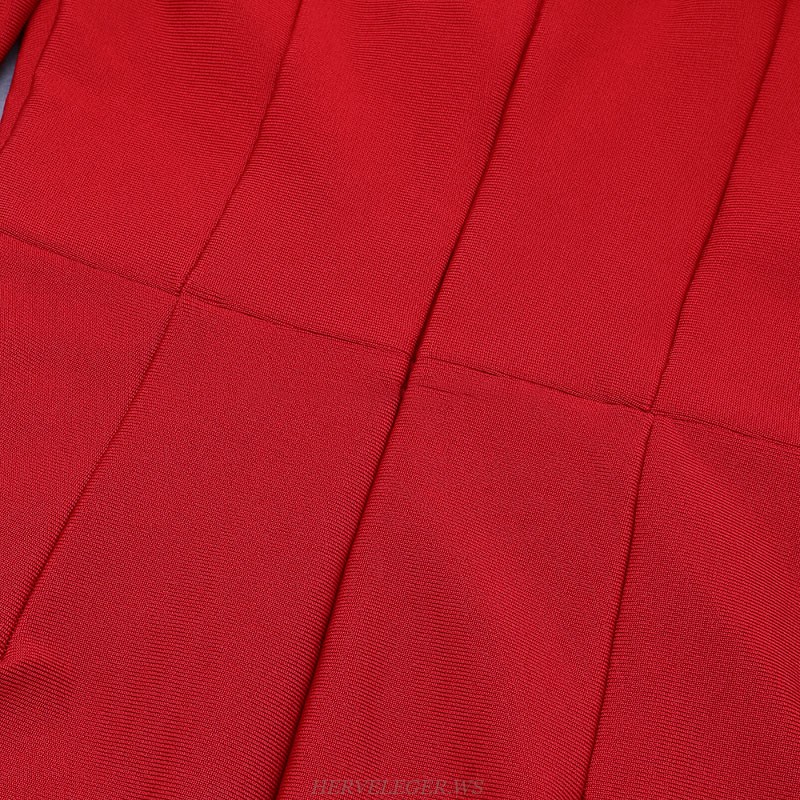 Herve Leger Red Long Sleeve Ruched Dress