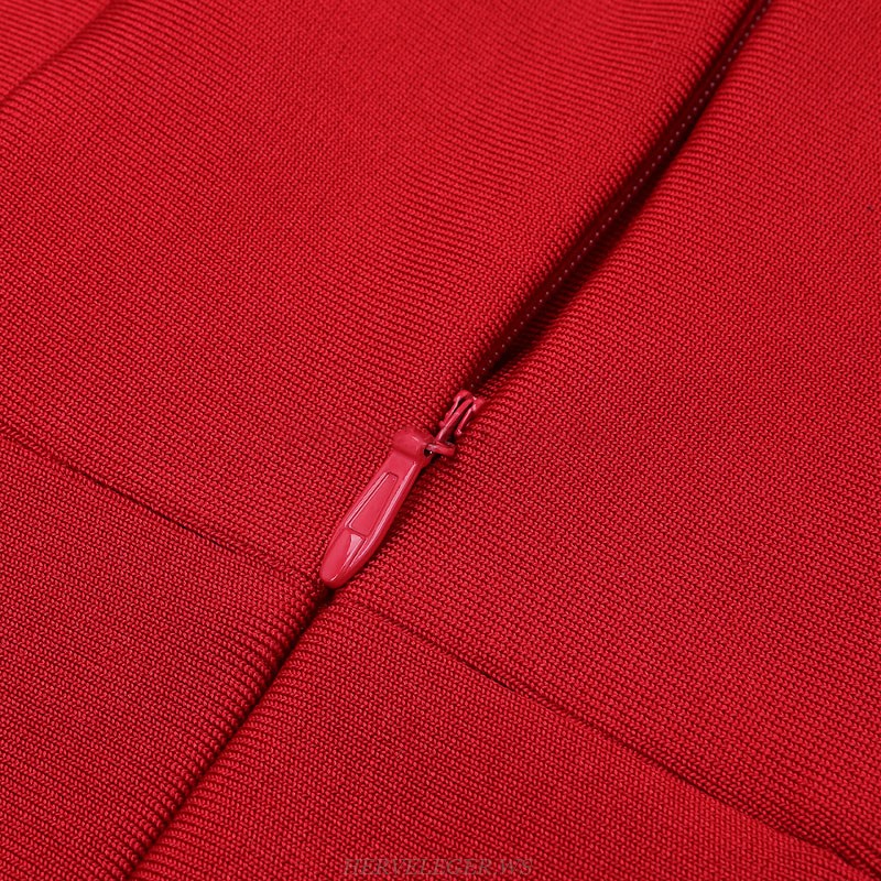 Herve Leger Red Long Sleeve Ruched Dress
