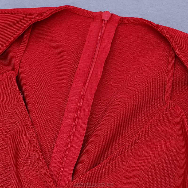 Herve Leger Red Long Sleeve Ruched Dress